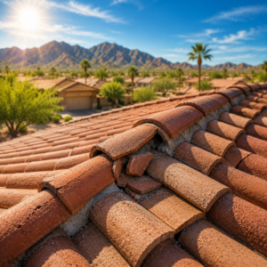 roof inspections by DSR 1 - Desert Sands Roofing Contractors - Desert Sands Roofing Contractors Close-up of weathered terracotta roof tiles with a damaged section, in a sunny desert neighborhood with palm trees and distant mountains.