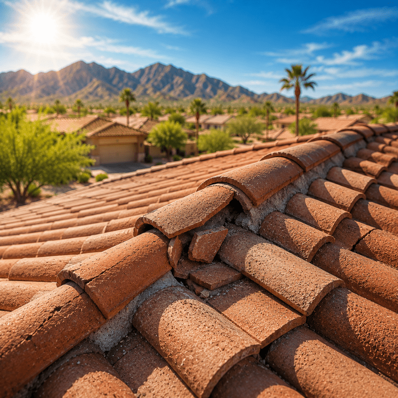 Close-up of weathered terracotta roof tiles with a damaged section, in a sunny desert neighborhood with palm trees and distant mountains.