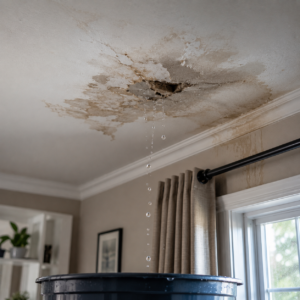 summer storms - Desert Sands Roofing Contractors - Desert Sands Roofing Contractors Ceiling with water damage and dripping leaks into a large blue bucket beneath in a living room windowed space in distress.