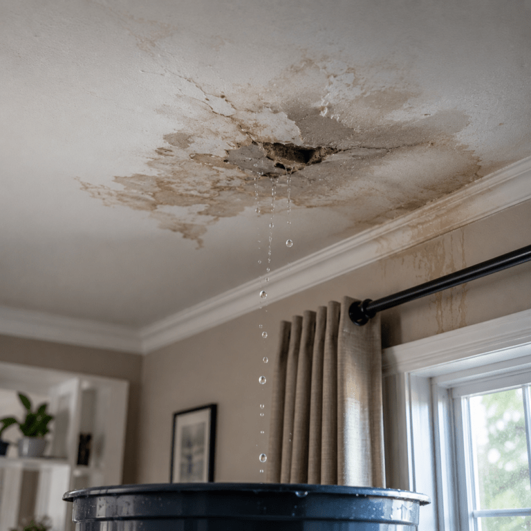Ceiling with water damage and dripping leaks into a large blue bucket beneath in a living room windowed space in distress.