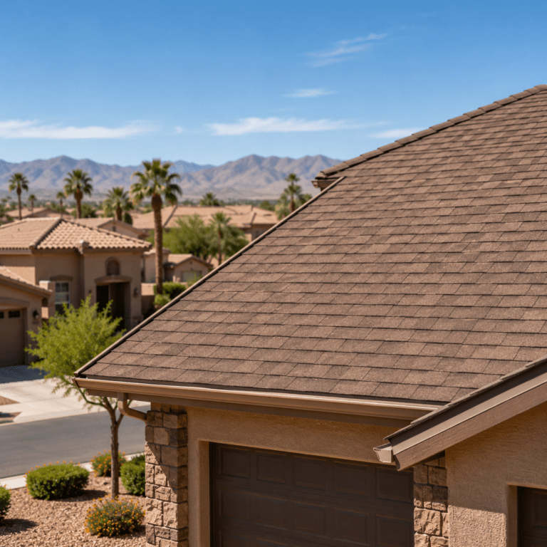 Close-up of a brown tiled roof on a suburban house with desert landscaping and distant mountains under a clear blue sky in the background.