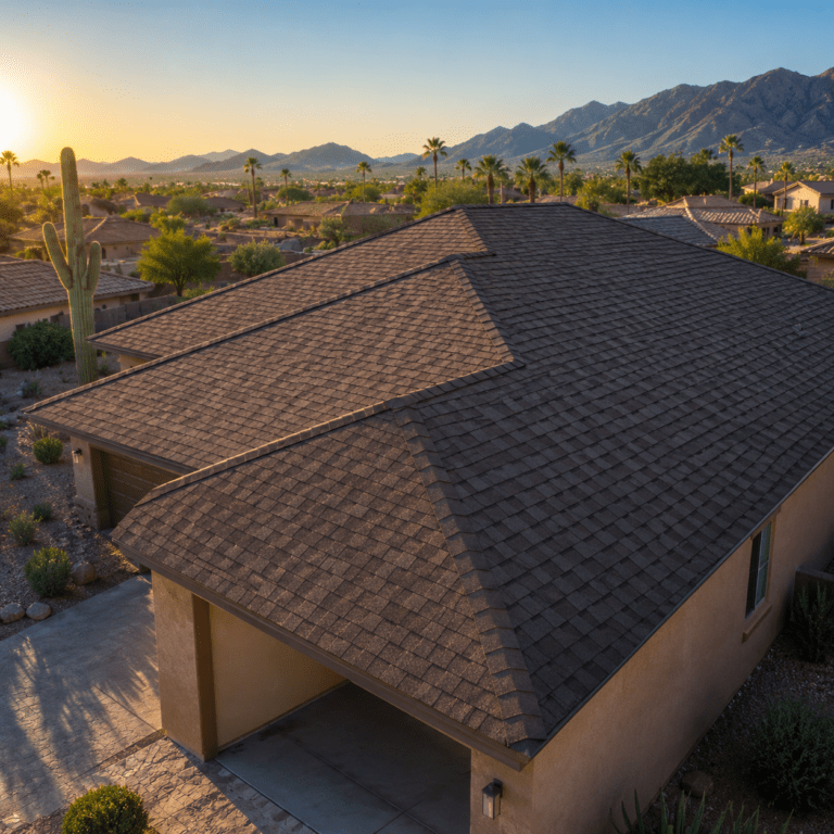 Aerial view of a desert neighborhood with a large brown shingle roof in the foreground and mountains at sunset in the distance.