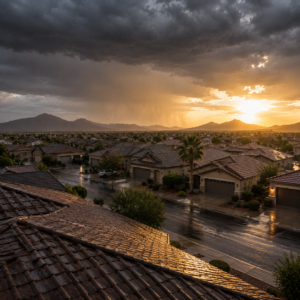 dsr_monsoon_1 - Desert Sands Contracting - Desert Sands Contracting Suburban neighborhood at sunset with dark storm clouds and rain falling over distant mountains; wet streets reflect the golden light, roofs shine.