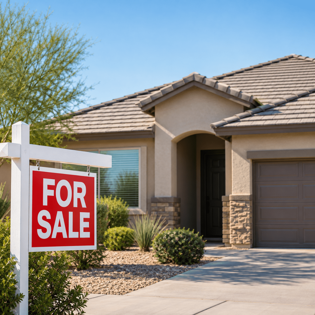 Red 'FOR SALE' sign in the front yard of a beige suburban house with desert landscaping and a two-car garage.