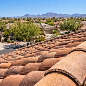 dsr_tile roof 1 - Desert Sands Contracting - Desert Sands Contracting Close-up of brown terracotta roof tiles with a suburban neighborhood and desert mountains in the distance under a blue sky