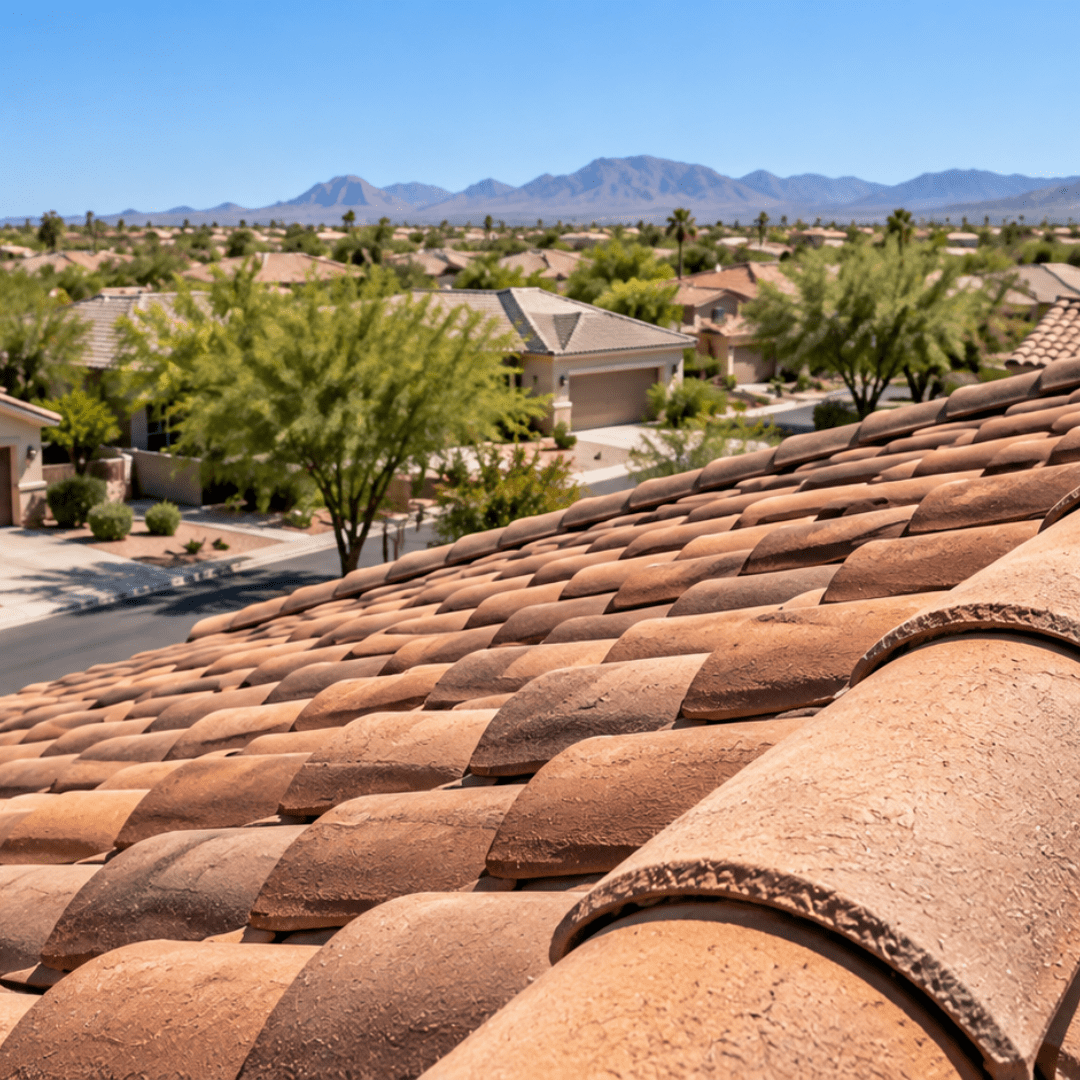 Close-up of brown terracotta roof tiles with a suburban neighborhood and desert mountains in the distance under a blue sky