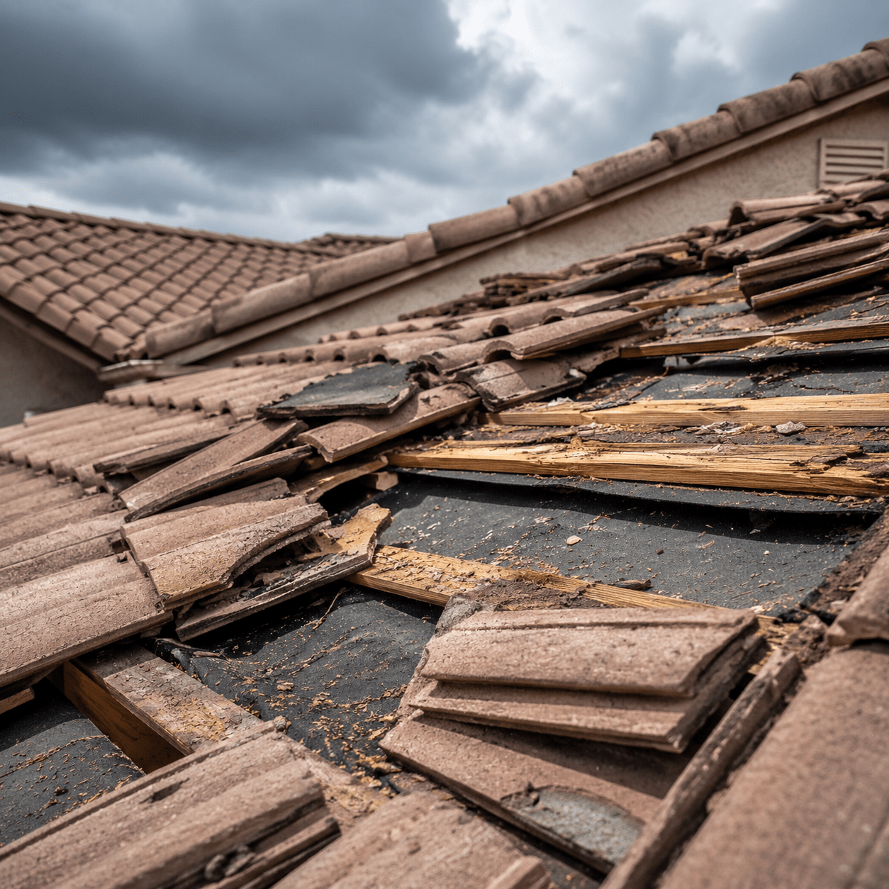 Rundown roof with scattered broken clay tiles and exposed wooden battens after storm damage, dark clouds above.